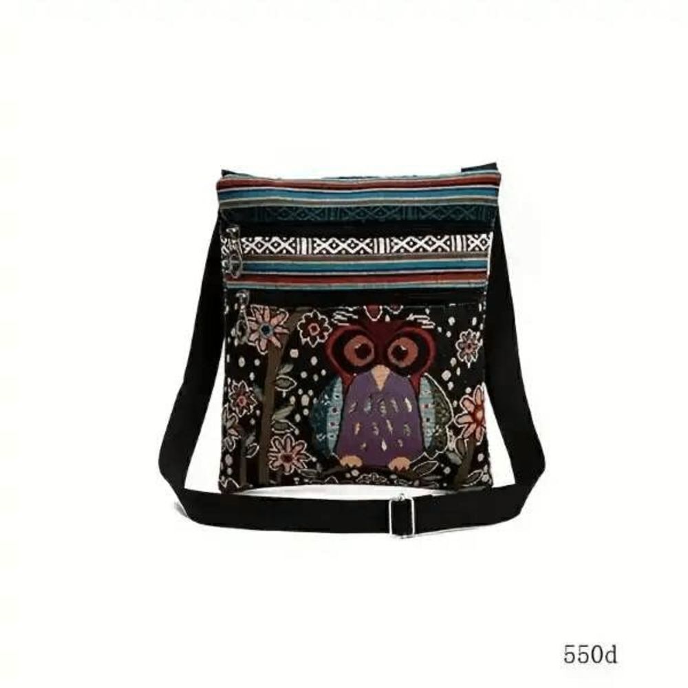 Owl Embroidered Zip Up Crossbody Bag Shoulder Bag Purse